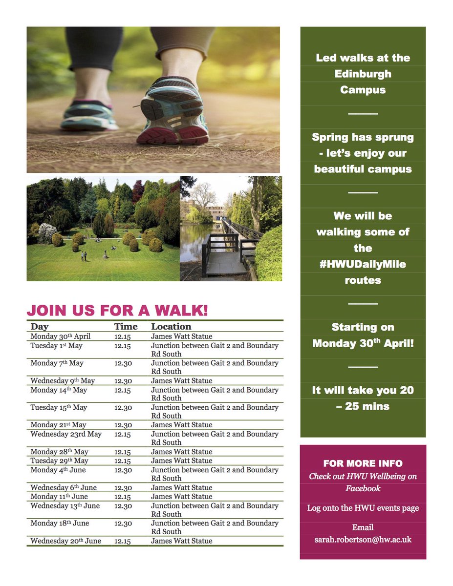 HWUniWellbeing's tweet photo. How do you fancy getting out in the sun on your lunch break? Join us for the first of our led walks on campus at 12:15 today at the James Watt Statue.

@HeriotWattUni @heriotwatt_soss @HWUnion @HWUSportsUnion @hwureslife @HWUAdviceHub https://t.co/FgkwpkPsFC