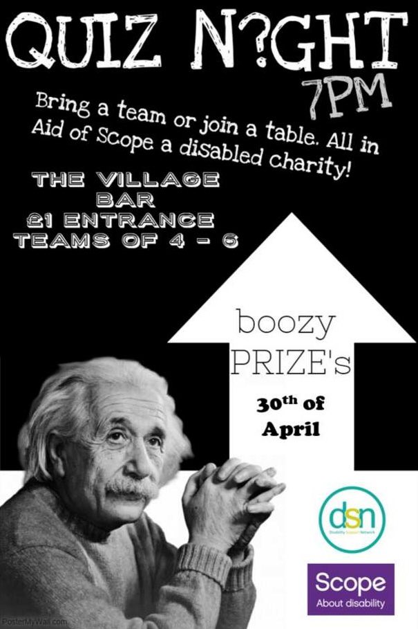 TelfordHall1's tweet photo. *WELFARE AND DIVERSITY WEEK*
Today we have the first event of welfare and diversity week, a pub quiz in the Village Bar at 7pm. 
Bring your flat!
It costs £1 to enter with proceeds going to @scope https://t.co/lrUZwHQpds