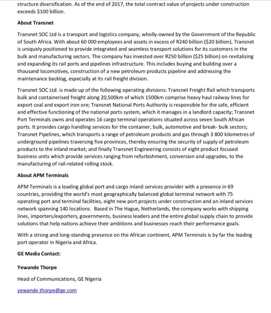 NGRPresident's tweet photo. The first of @AsoRock’s #PMBinDC Agreements has been signed, with an international consortium led by @generalelectric (comprising GE, SinoHydro, Transnet and APM Terminals), for the interim phase of the concession of Nigeria’s narrow-gauge rail network. https://t.co/zq5ATTev0e