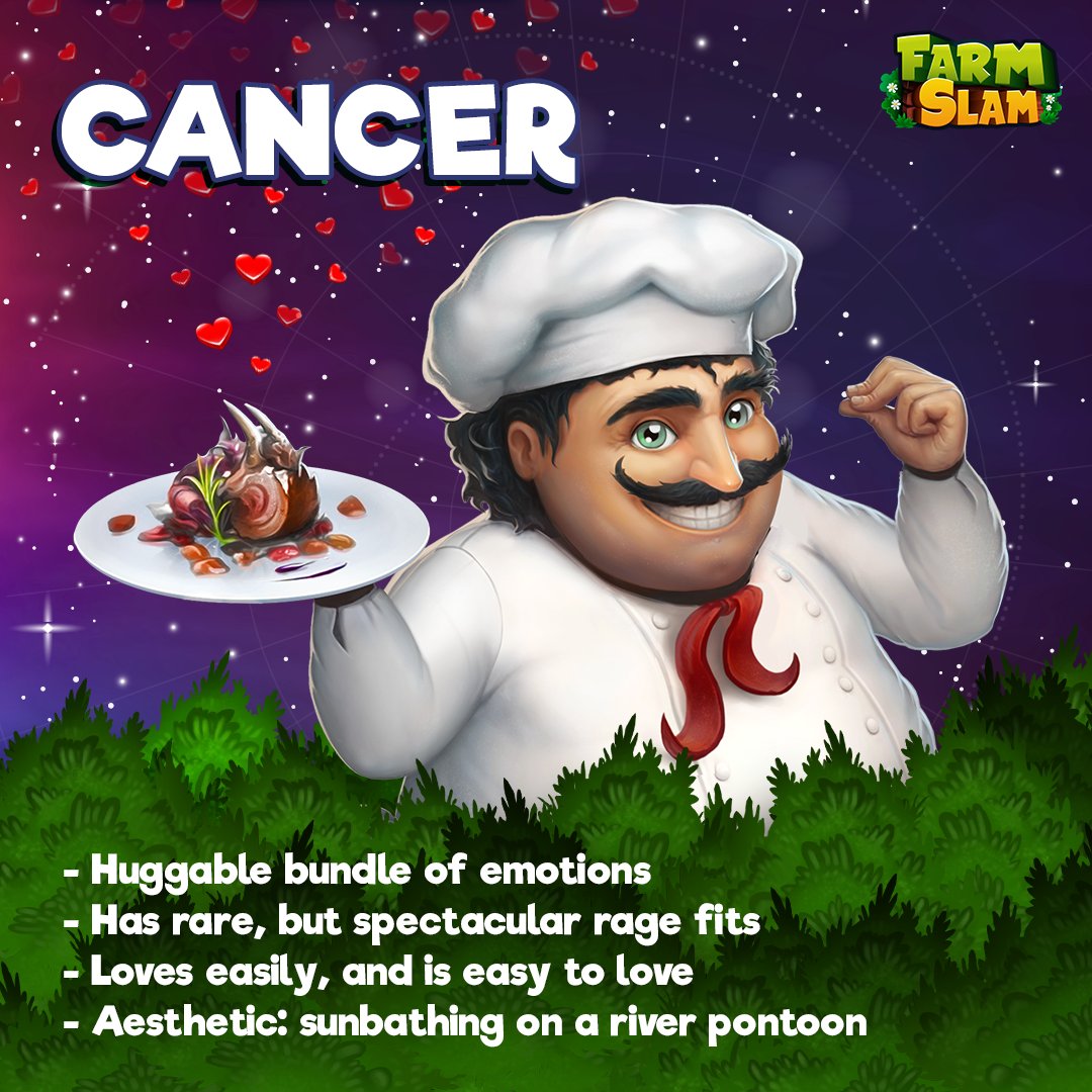 farmslamgame's tweet photo. This week's horoscope says that if you let a Cancer cheer you on, you will cook up the perfect booster combo and spread the love across the board. #FarmSlam #zodiac #cancer #horoscope #gamedev #indiedev #freetoplay #loyal #farm #farmlife #match3 https://t.co/nqbiWoNgVx