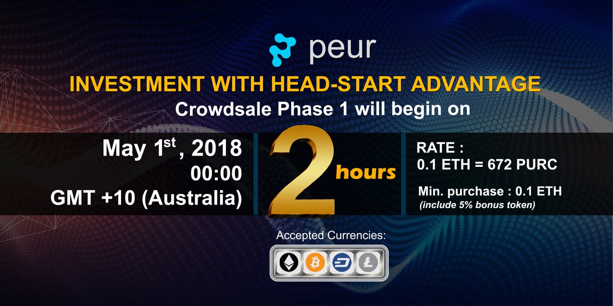 Peurtoken's tweet photo. Crowdsale Phase 1 will begin in 2 hours. Start 00:00 GMT+10 (Australia). Come,
and we will write our success story together. Don’t miss the chance to own
your freedom. NO KYC and WHITELIST needed, stay anonymous https://t.co/o5pyFZxNEz
#peurtoken #ICO https://t.co/DhoS3BT2eY
