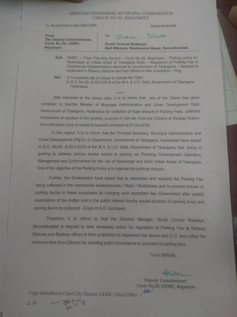 DC_Begumpet's tweet photo. @arvindkumar_ias @zccz_ghmc Sir, Brought to the notice of sec railway station authorities and given request letter for  minimum parking fee with G.O 63 https://t.co/xY9LEkK49x