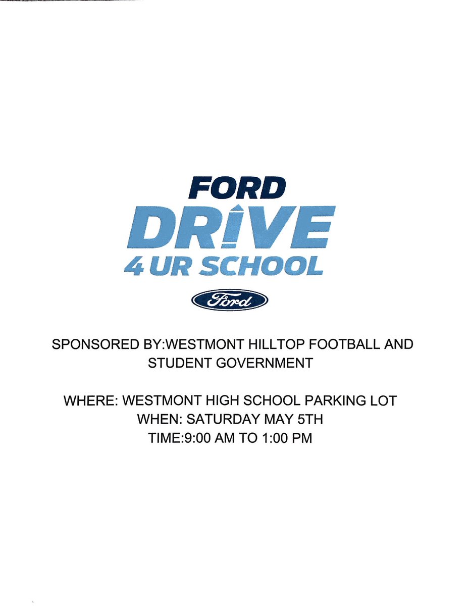 WestmontHilltop's tweet photo. Come Drive 4 Our School this Saturday and support the Football Team and Student Council! Information below https://t.co/6rkl1Y9yBG