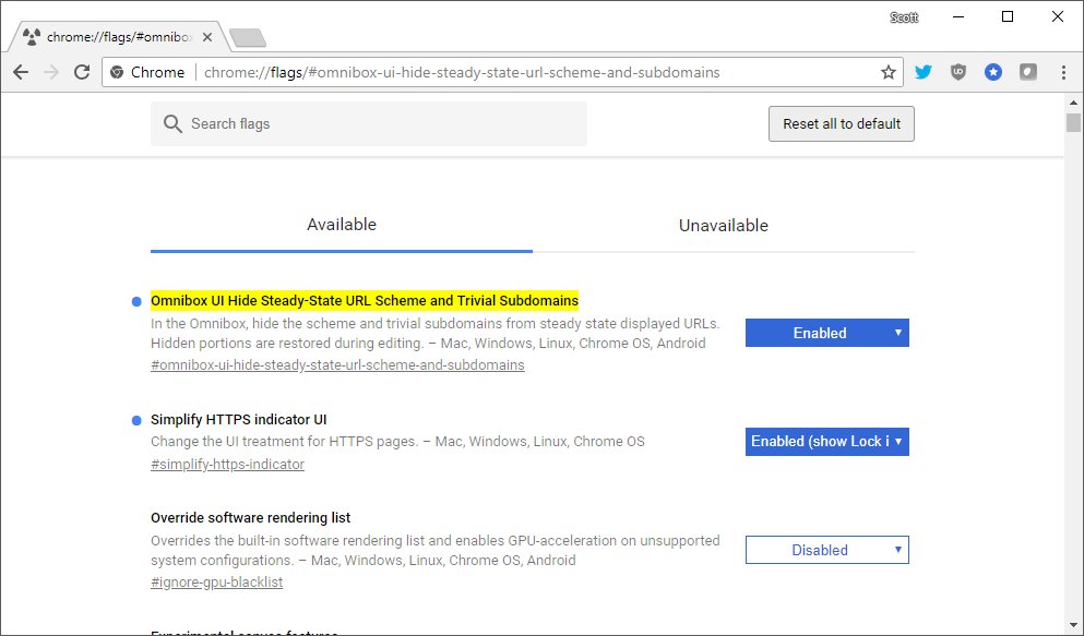 Scott_Helme's tweet image. Wow, the Chrome UI is getting even better! Get rid of the scheme and subdomains, which will nail a lot of phishing sites that prey on confusing subdomains! chrome://flags/#omnibox-ui-hide-steady-state-url-scheme-and-subdomains