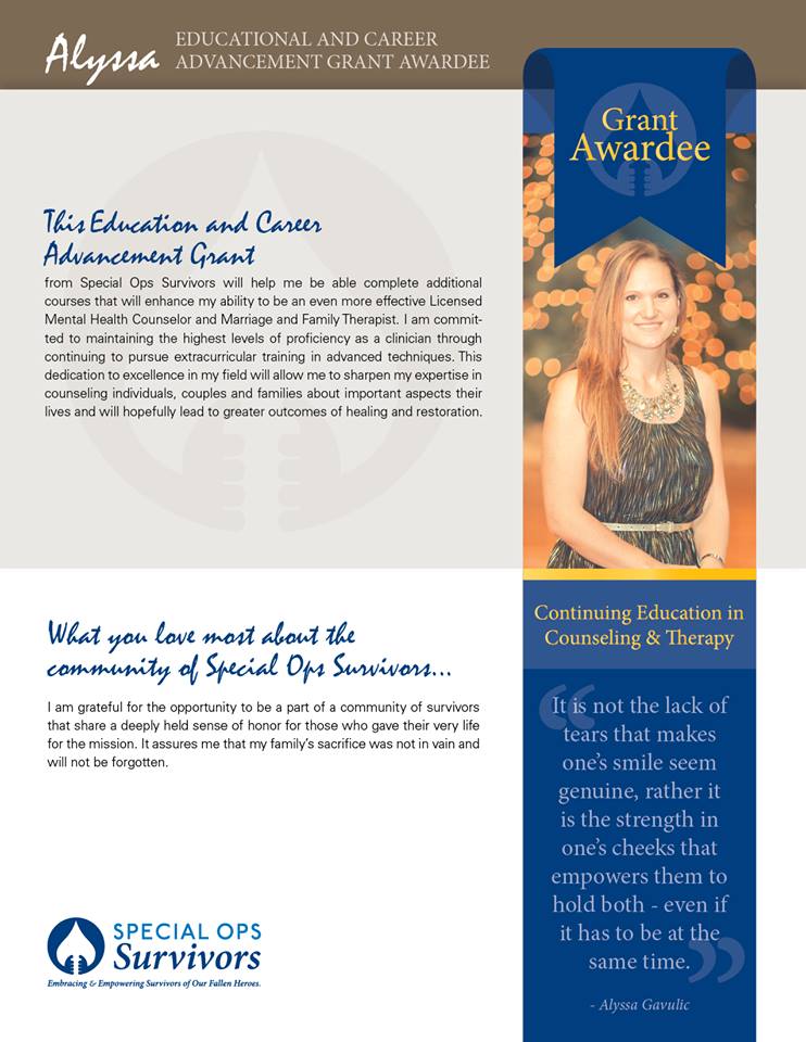 #SpecialOpsSurvivors  Education &amp; Career Advancement Grants are open to applications now through June 9. These grants have an amazing impact for our survivors.  Here is another great impact story from a previous grant recipient. #Inherwords #MondayMotivaton
