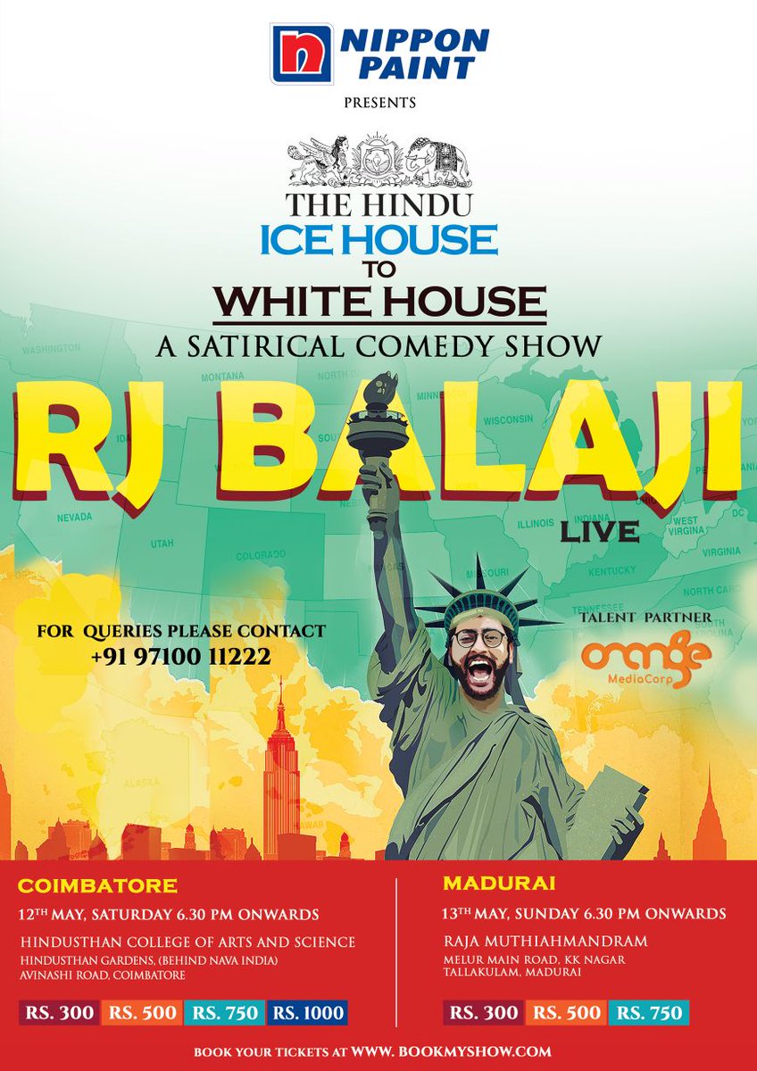 orangemediac's tweet photo. #RJBalaji #IceHousetoWhiteHouse Show now at Coimbatore &amp; Madurai.
#OrangeMediaCorp 
For Tickets:
https://t.co/hLQK0c0T2D https://t.co/kMYUXaSTCR
