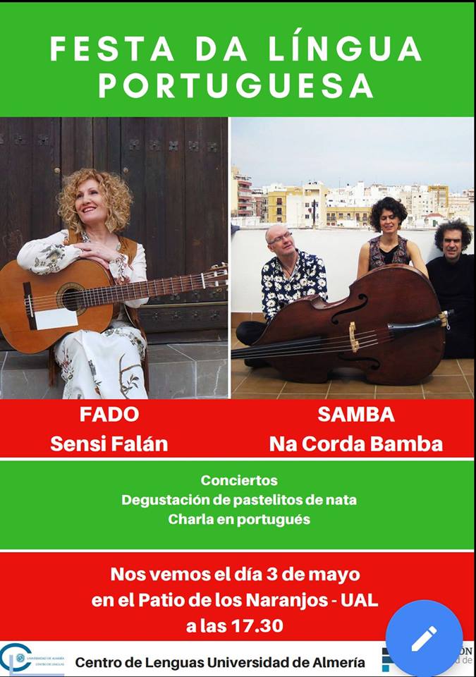 Jueves 3/mayo, patio de los naranjos, celebramos el !DIA DE LA LENGUA PORTUGUESA! Con nuestra profesora Elizangela.<a href="/ualmeria/">Universidad de Almería</a> @aulamagna
✅Conciertos en portugués 
✅Degustación platos típicos 
✅ Charla en portugués 
Y... Alguna sorpresa para los asistentes!🎁¿Te lo vas a perder?