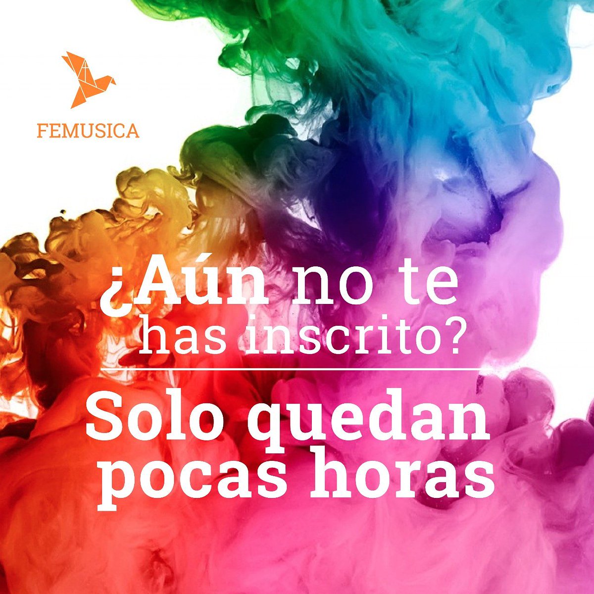 FEMUSICA's tweet photo. Quedan pocas horas para que se cierren las inscripciones de nuestro festival. Correee, no te quedes sin participar. #InscripcionesAbiertas #VFEMUSICA #ParaQueTodosSeanUno #OperaciónJMJ2019 💙🧡 https://t.co/h1ulsu0jTC