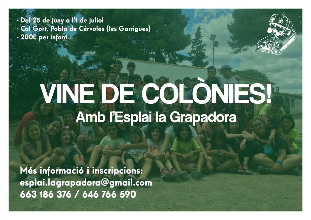 lagrapadora's tweet photo. INSCRIPCIONS OBERTES PER A LES COLÒNIES DE L'ESPLAI LA GRAPADORA! Del 25 de juny a l'1 de juliol per 200€ a Cal Gort, Pobla de Cérvoles (les Garrigues)!
Una experiència que no oblidaran mai!

#esplai #esplailagrapadora #colònies #colonias #esplac
@esplaiscatalans https://t.co/DJKpxygr1M