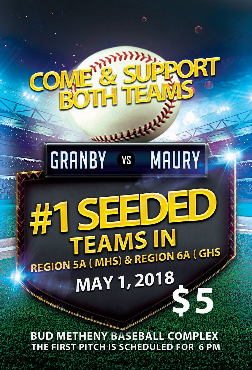 The Granby vs Maury baseball game will be played
at the Bud Metheny Baseball Complex on the campus of ODU Tuesday, May 1st. Game is scheduled for 6 p.m. Both teams enter the contest as the areas
#1 seeded teams in Region 5A (MHS) and Region 6A (GHS). Ticket prices are
$5.00.