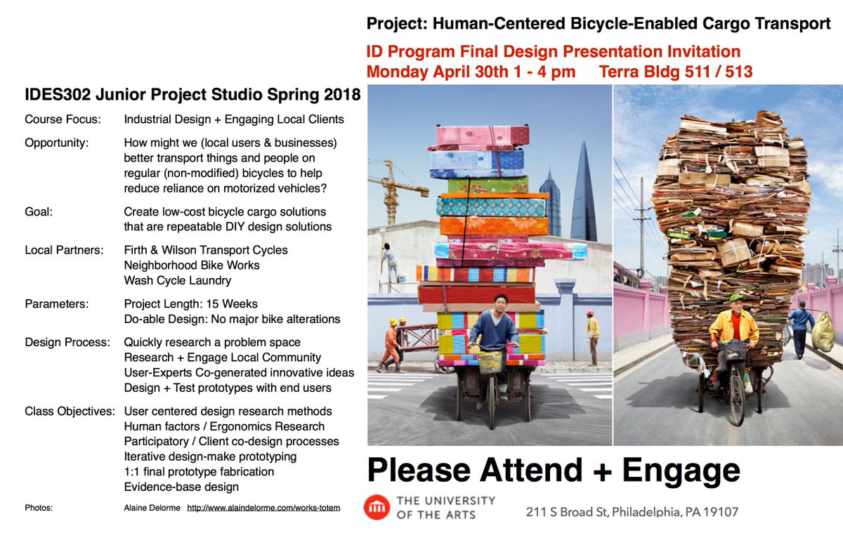 ID_Uarts's tweet photo. Please join us when Juniors present their bike cargo projects today, April 30th at 1pm! Details below. #uarts #industrialdesign @UArts_SoD @UArts https://t.co/LJwwkn0fVy