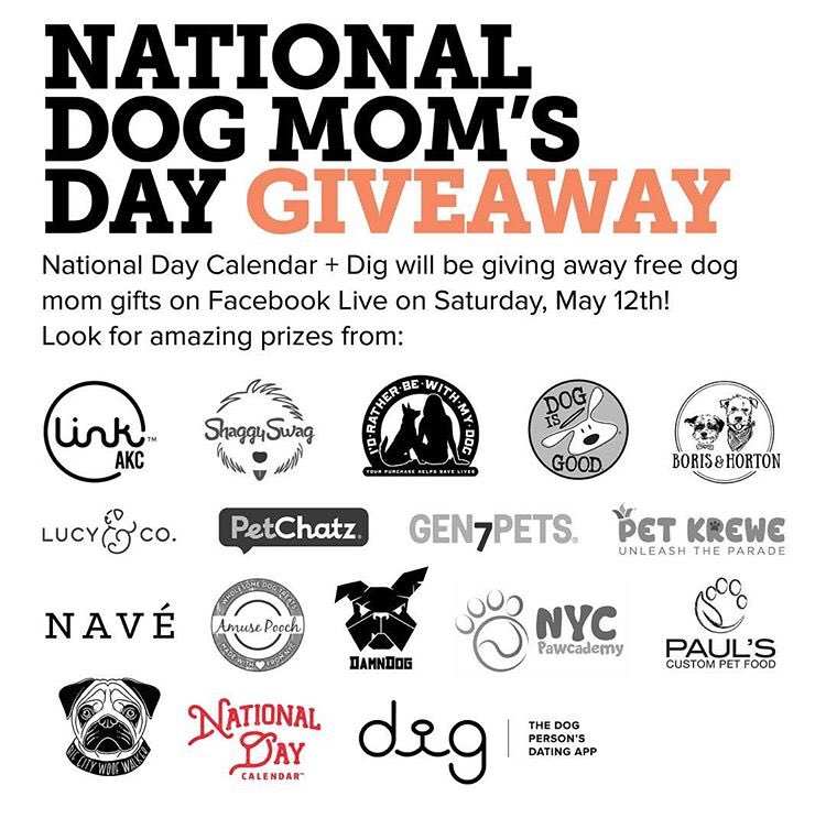 DigDates's tweet photo. Hey #dogmoms! You can win incredible prizes on #dogmomsday! Go to @NationalDayCal’s Facebook Live giveaway on May 12 for a dog stroller, gps collar, interactive pet camera, and so much more from @dogisgood, @PupsNCoffee and many more! https://t.co/x51JlFAIkw