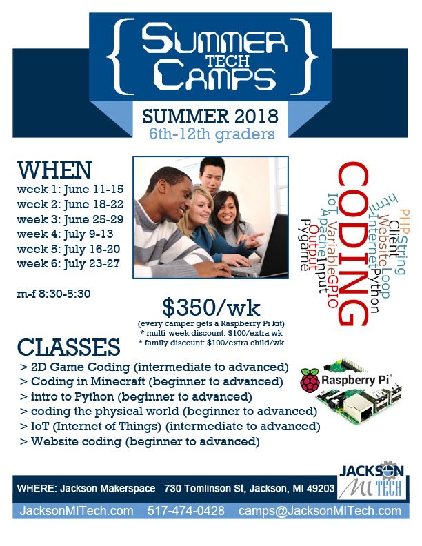 JacksonMITech's tweet image. Summer Tech Camp informational flyer!
Registration coming soon! 
ow.ly/W41530jJY35 [pdf version of flyer]