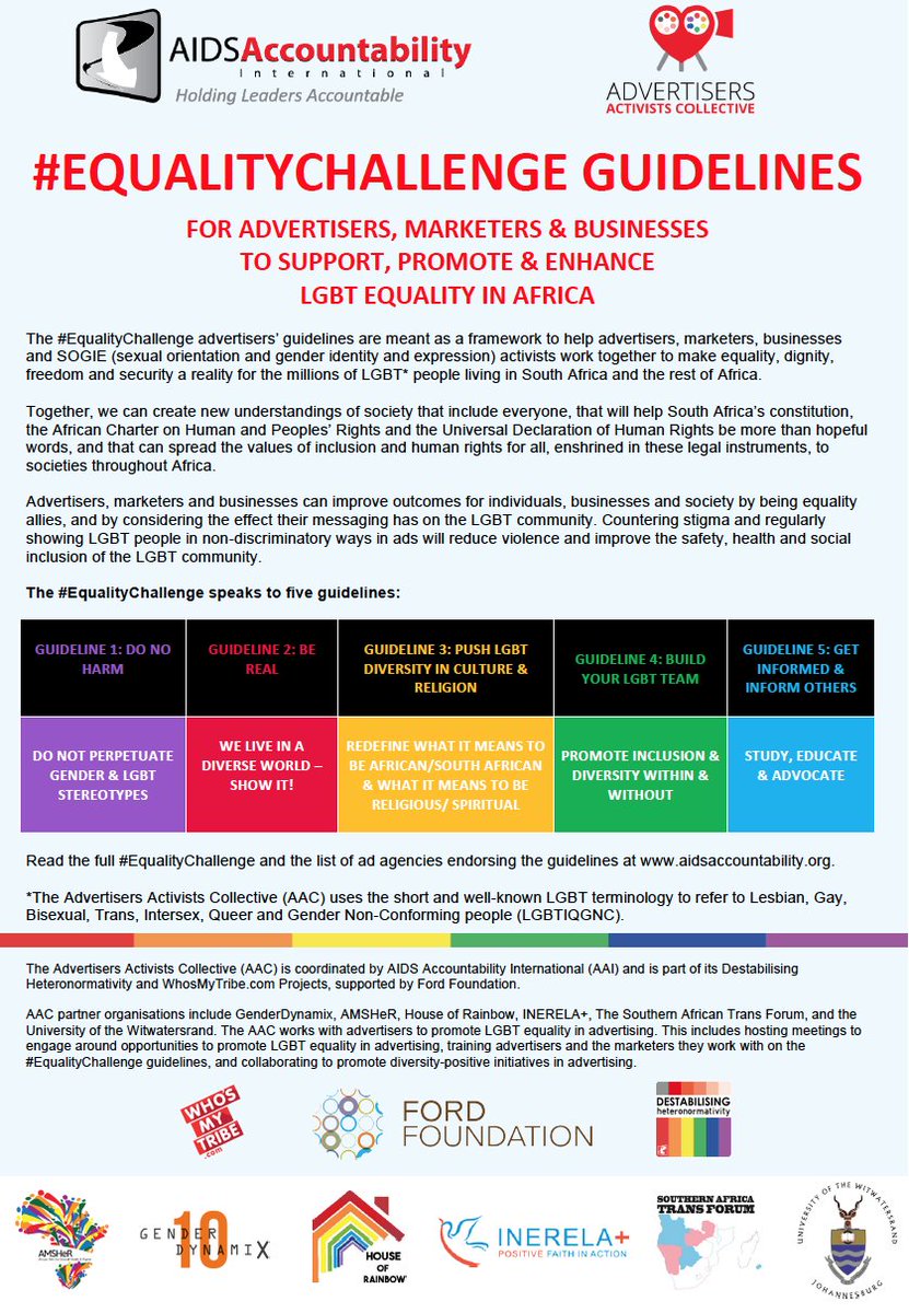 Account4All's tweet photo. #AAI thanks first SA #adagencies to endorse #EqualityChallenge guidelines&amp;to pledge to work to advance #LGBTIQ+ inclusivity&amp;equality in #advertising: @KingJamesGroup @FCBafrica @JoePublicUnited &amp; #GridAgency @NathanGrid! #Trailblazing #AdvertisersActivistsCollective #LGBTAds [CP] https://t.co/gjBZNYrecU