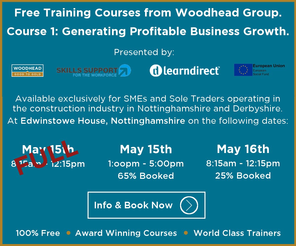 Don’t miss out on our Woodhead Good to Gold free, award-winning training on Generating Profitable Business Growth. Click here to book your place: eventbrite.co.uk/o/robert-woodh… 

@learndirect4Biz <a href="/MySkillsSupport/">Skills Support for the Workforce</a> #FundedTraining #ConstructionBusinesses #GoodtoGold #Upskilling