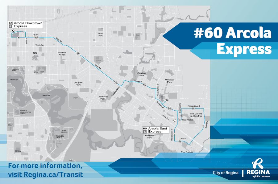 CityofRegina's tweet photo. Curious where you can hop on the #ArcolaExpress? Here is the route. Or, check out https://t.co/QW7eeiWg46 #yqrtransit https://t.co/Szqz6UT0R9