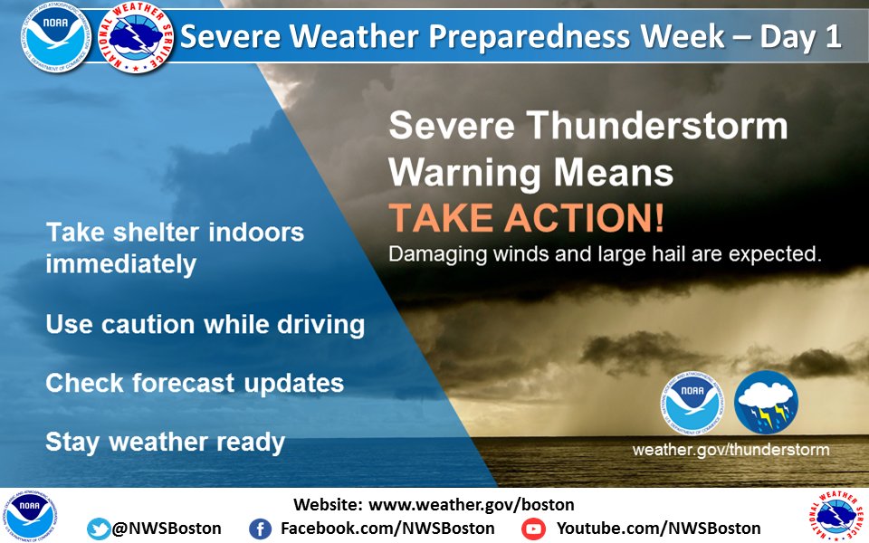 NWSBoston's tweet image. [Severe Wx Preparedness]  April 30 through May 4 is Severe Weather Preparedness Week! Each day this week we will highlight a different preparedness topic. Today's topic → Severe Thunderstorms: What is the difference between a watch and warning?