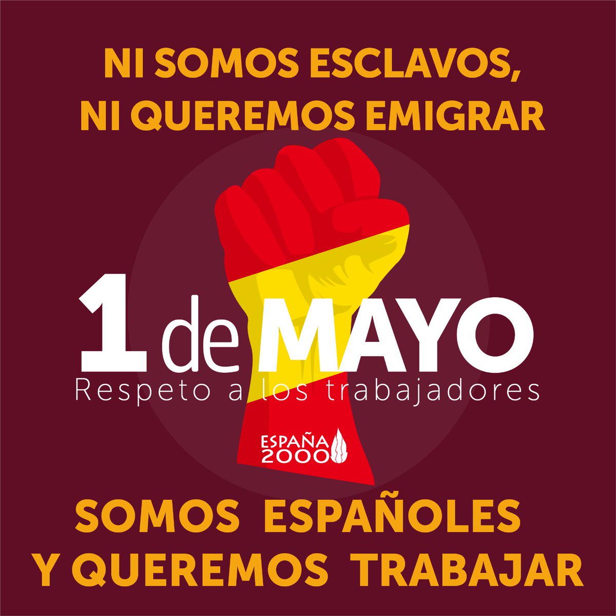 Espana_2000's tweet photo. 📌Mañana #1deMayo que quede claro:
Ni somos esclavos, ni queremos emigrar. 
Somos españoles y queremos trabajar. 💪 🇪🇸 
#Respeto✋ https://t.co/Qagt09x29r