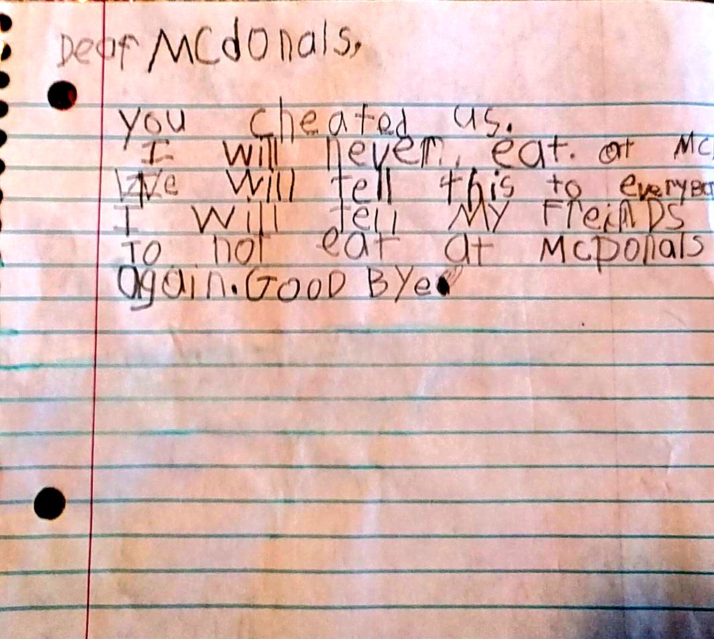 Reddylive's tweet photo. My 5 year old's letter to @McDonalds after getting cheated by @McDonalds in Rockdale, Texas. @Wendys @ChickfilA @BurgerKing https://t.co/HdcJV3fSqn
