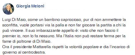 GiorgiaMeloni's tweet photo. Luigi #DiMaio, come un bambino capriccioso, pur di non ammettere la sconfitta, vuole portarsi via la palla e non far giocare la partita a chi la può vincere. Ora il presidente #Mattarella dia l’incarico di governo al centrodestra. ST https://t.co/vtUBROoTvx