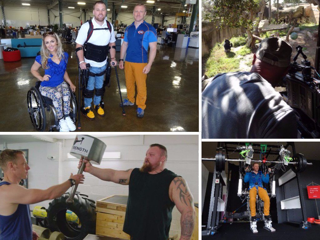 SimonMHall's tweet photo. On this week's #BeyondBionic we set @AndyTorbet the challenge of matching the awesome power of the Gorilla! Helped on his way by @eddiehallWSM @EksoBionics @Shane_Mosko @tiphanyadams @SantaBarbaraZoo @atoun_inc @helenczerski Catch it - Tuesday 1st May, 4.30pm @cbbc! https://t.co/qeLArJwMXB