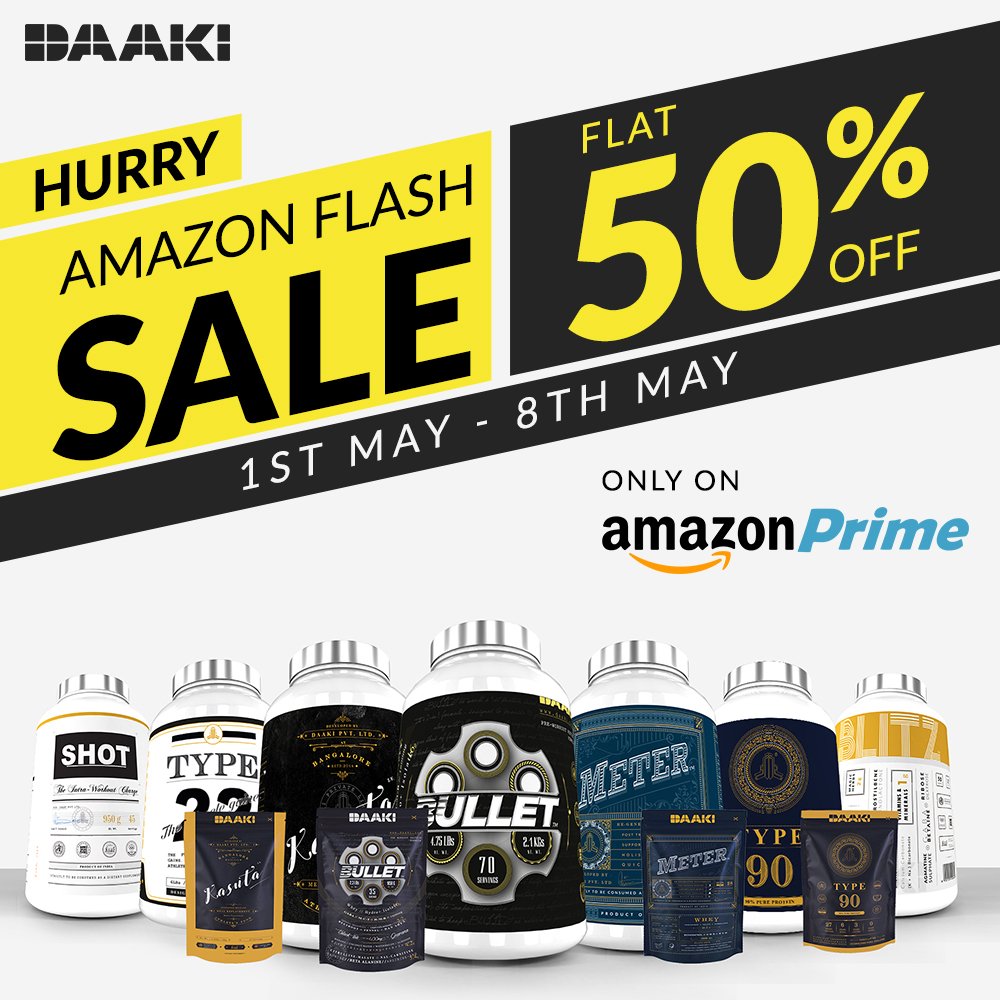 DAAKIofficial's tweet photo. AMAZON FLASH SALE!!! Get FLAT 50% discount on the purchase of any DAAKI supplement.
Offer valid only for a week. 1st May - 8th May!
Hurry now!! Go to https://t.co/w2Yo7XiPPf and search for DAAKI!
#DAAKI #StrideOn #supplements #amazonsale #workout #crossfit #bodybuilding https://t.co/2XGoIpl9tC