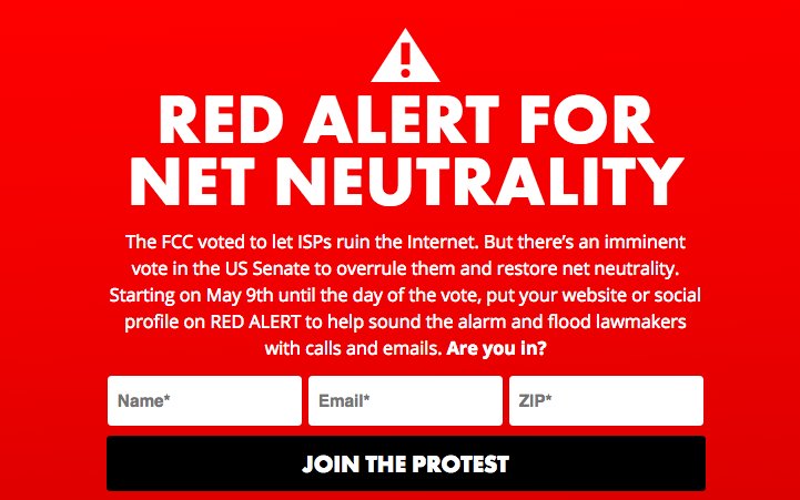 BREAKING: The Senate will officially "discharge" the Congressional Review Act (CRA) petition on May 9th and force a vote to restore #NetNeutrality. Starting then, the Internet goes on #RedAlert. Sites and social profiles should "go red" to sound the alarm: battleforthenet.com/redalert