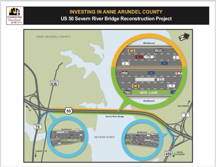 MDSHA's tweet photo. The fourth eastbound lane of the US 50 Severn River Bridge is officially open for travel! What does this mean for your commute? Check out the new configuration below. VJ #MDOTNews #MDisOpenforBusiness https://t.co/Y2OIkKDULN