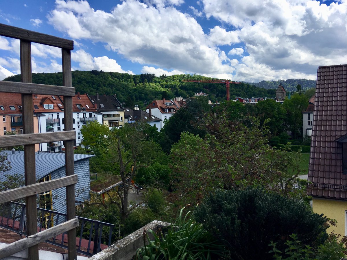 AmyLPrendergast's tweet photo. The view from my desk today: looking out over the rooftops of Freiburg. #temporarydesk #PhDexamination https://t.co/vueDPLo2ew