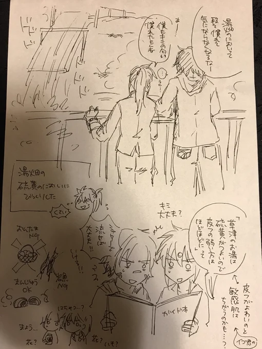 湯畑めっちゃ硫黄臭くてびっくりした。出てきたばっかのお湯は黄色なんだけど、溜まってるお湯はきれいなエメラルドグリーンなんだよね。岩盤中の鉄分かなんかと化学反応起こしてるのかと思ったら、強酸性かつ高温の環境で生存できる特殊な藻の色が、透明な湯を透かして見えてるそうな。ほへぇ〜 