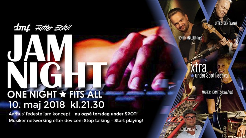 ONE NIGHT FITS ALL Xtra under Spot Festival 10. Maj 2018 kl.21.30 - Hvor musikere mødes, og fantastiske musikalske øjeblikke opstår. Kom og spil med: Uffe Steen (guitar), Mark Chemnitz (keys/voc), Henrik Møller (bas), Eddi Jarl (dr) - dmf-aarhus.dk/one-night-fits…