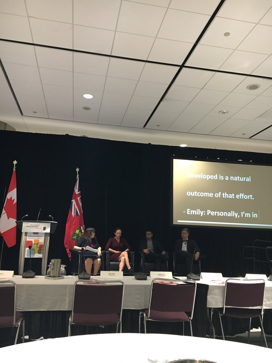 #OntarioAIS kicks off at #OCEDiscovery with an #accessibility panel featuring Emily Mochizuki Lutyens <a href="/legworksglobal/">LegWorks</a> CEO, Arjun Mali COO of <a href="/imerciv/">iMerciv</a>, &amp; Milos R. Popovic, CEO of <a href="/MyndTecInc/">MyndTec Inc.</a> - all previous AIS Tech Pitch winners. @OCEinnovation