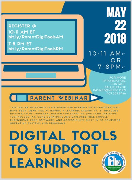 FDLRS_Gulfcoast's tweet photo. FDLRS is presenting 1 hour webinars: "Digital Tools to Support Learning" on May 22, 2018. It will be offered at 10:00am or 7:00pm.  To register for the morning session, go to https://t.co/tNGuEmt8dZ and for the evening session, go to https://t.co/gZC5Iy99RB.  #FLDRS https://t.co/blSfdYTGvO