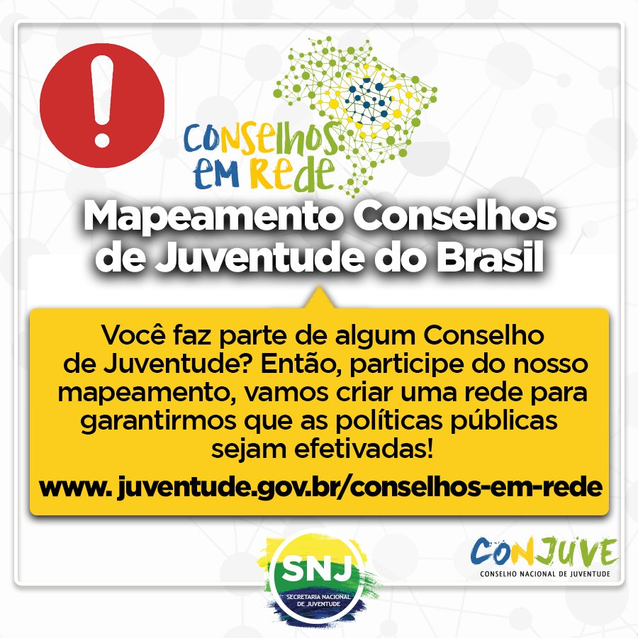 conjuve's tweet photo. Colabore com o mapeamento e fortaleça o seu conselho! Após o mapeamento, será elaborado um material de formação, que será distribuído junto com um novo guia de Conselhos de Juventude. Participe: https://t.co/jgbkDUbcm0
Mais: https://t.co/7ajcuWynOf
#SNJ #Conjuve #ConselhosEmRede https://t.co/zTcBOWl8SS