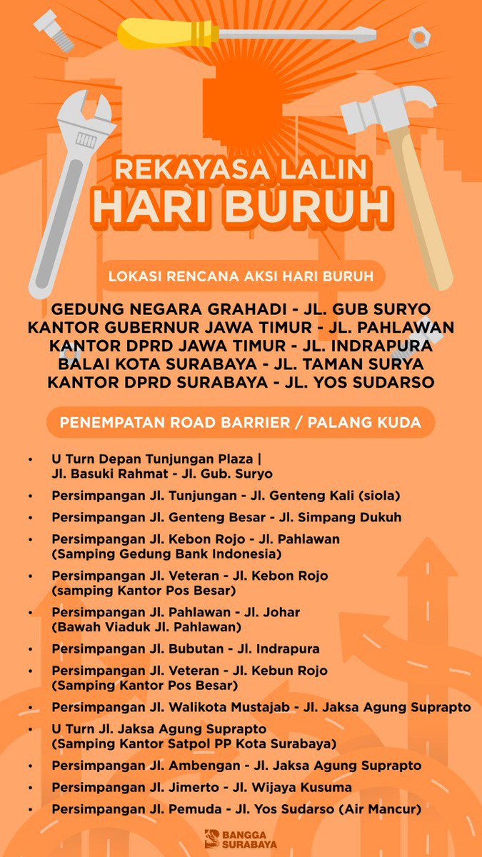 Dulur, antisipasi kepadatan jalan2 utama di Kota Surabaya ya besok karena akan ada aksi Hari Buruh dlm peringatan Hari Buruh Internasional atau #Mayday 

Bagaimana rekayasa lalin besok? Berikut infonya 😊

Via <a href="/BanggaSurabaya/">Bangga Surabaya</a>