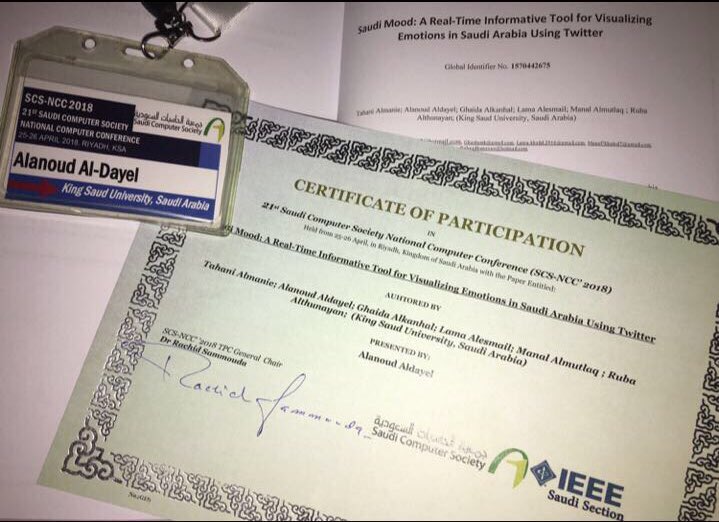 SaudiMood_'s tweet photo. We're happy that our paper was accepted and we had the pleasure to present our work on Saudi Mood in Saudi Computer Society National Computer SCS-NCC'2018 Conference @SaudiComputer @Alanoud_SD https://t.co/1RtYnS999J