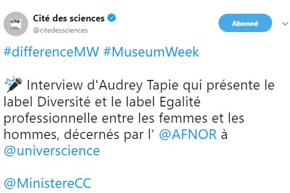 AFNOR's tweet photo. Deux établissements culturels qui mettent en valeur leur engagement en faveur de la #diversite pendant la #MuseumWeek... merci @GrandPalaisRmn et @citedessciences 😍 et surtout bravo 👏👏👏 #differenceMW https://t.co/L3vHAItexL