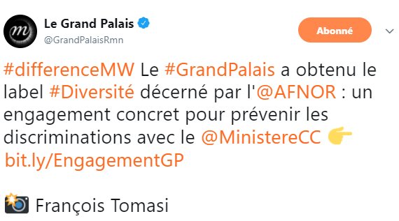AFNOR's tweet photo. Deux établissements culturels qui mettent en valeur leur engagement en faveur de la #diversite pendant la #MuseumWeek... merci @GrandPalaisRmn et @citedessciences 😍 et surtout bravo 👏👏👏 #differenceMW https://t.co/L3vHAItexL