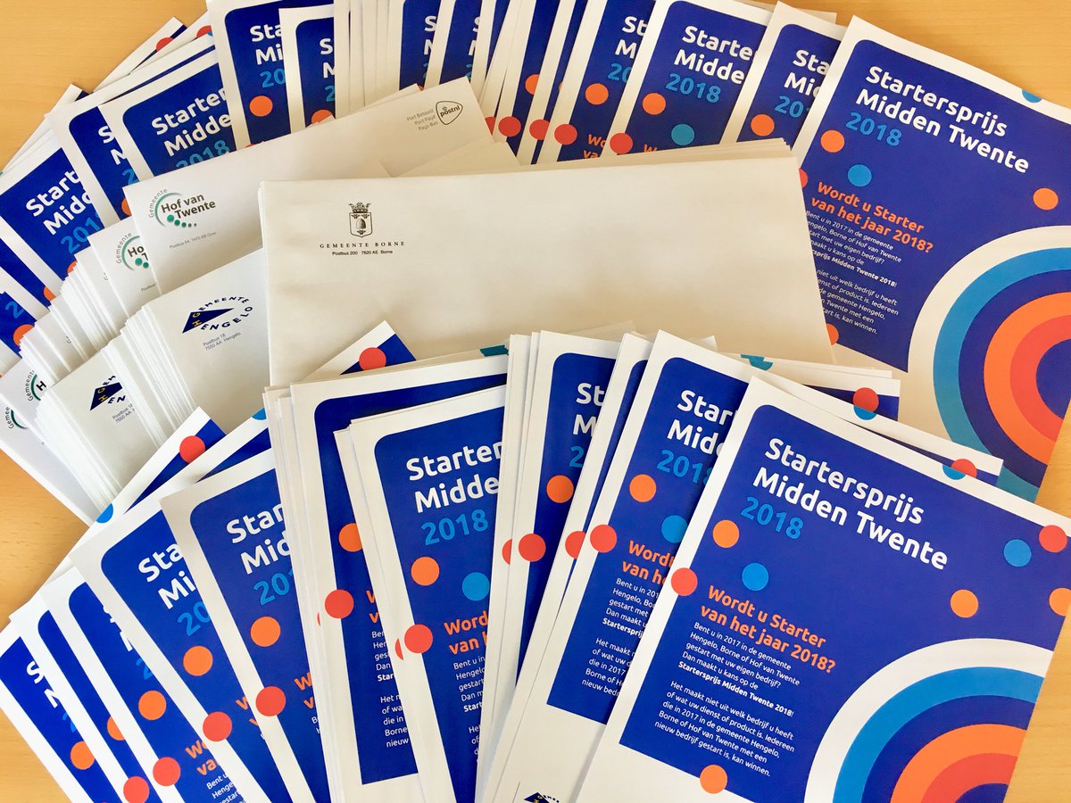 De uitnodigingen gaan binnenkort de deur uit! Gestart in 2017 in de <a href="/Gem_Borne/">Gemeente Borne</a>, <a href="/gemhofvantwente/">Gemeente Hof van Twente</a> of <a href="/gemeentehengelo/">Gemeente Hengelo</a> met een eigen bedrijf? Aanmelden kan alvast via startersprijsmiddentwente.nl!