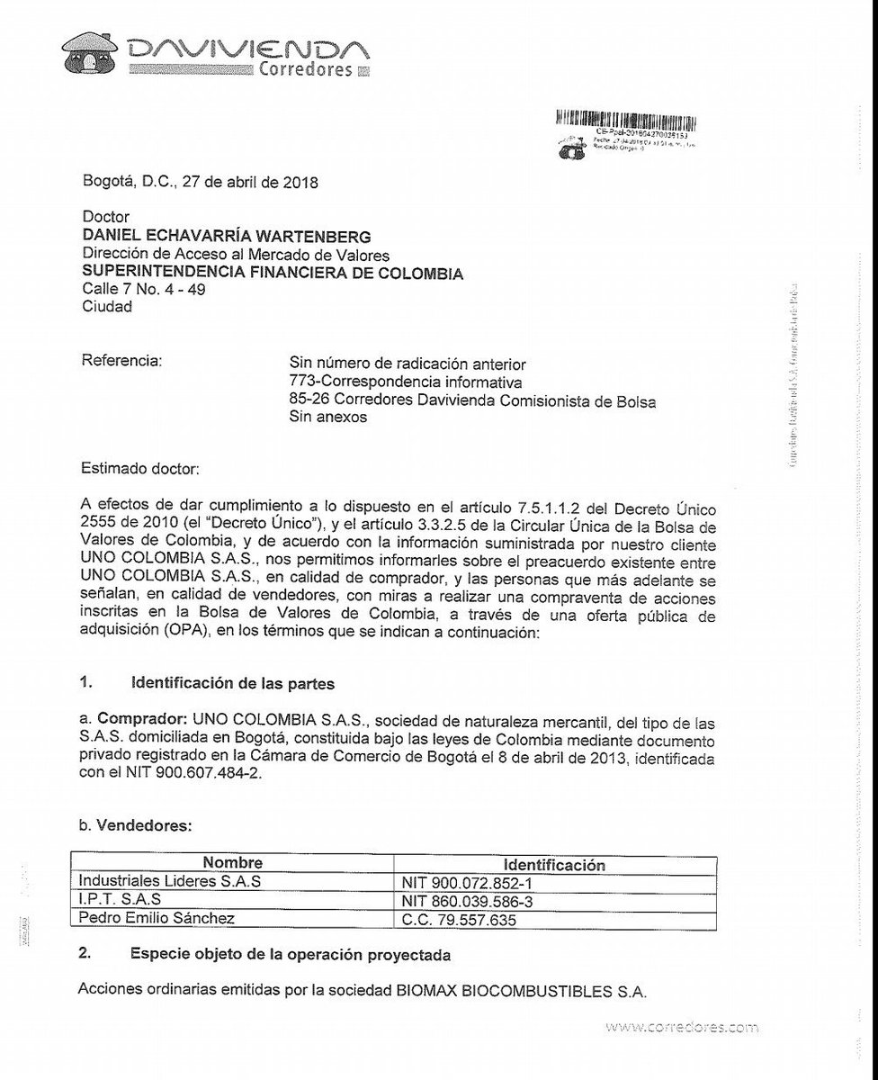 josejournaliste's tweet image. #CorredoresDavivienda informó sobre una operación preacordada de acciones de #Biomax