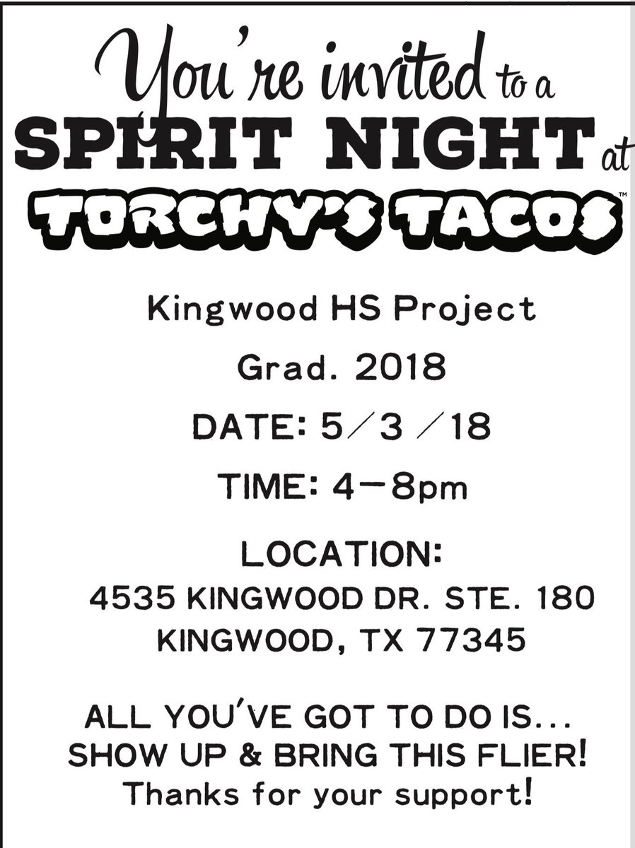 KhsProject's tweet photo. Busy week? No time to cook? Relax and support PG by eating out Wednesday, May 2nd at Texas Roadhouse and Thursday at Torchy’s. Be sure to bring the attach flyers for PG credit. Thanks! https://t.co/wLmf0dKtxq