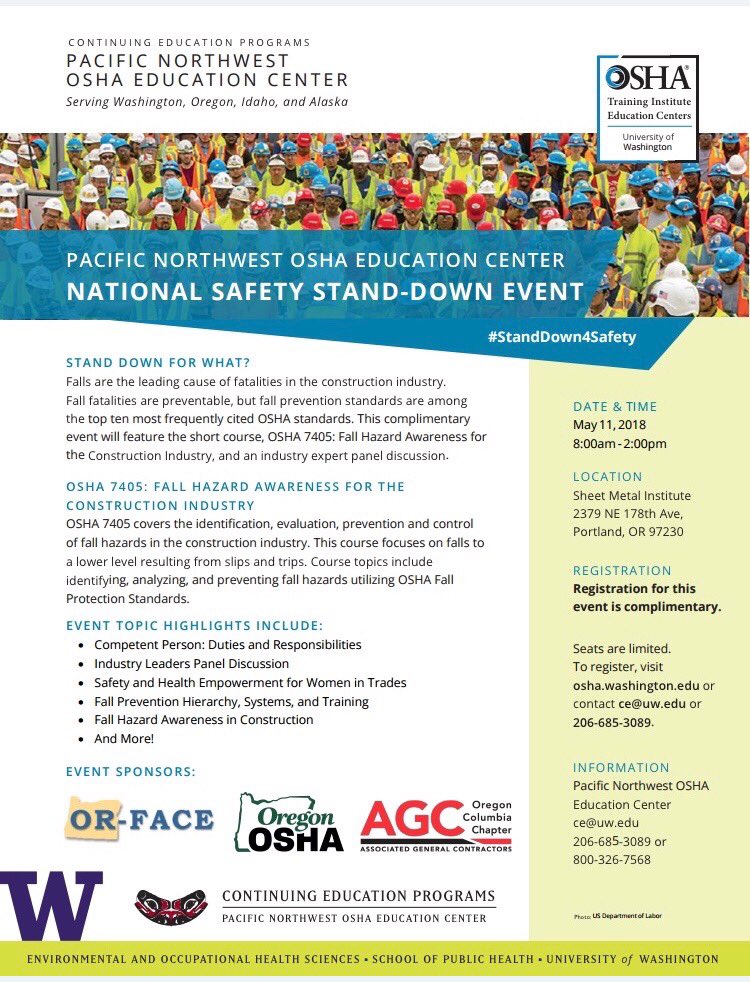 barbep76's tweet photo. More workers die in #construction than in any other industry. Falls = leading cause. These deaths are preventable. Join us May 11 to learn how to #StopFalls and #StandDown4Safety #OregonFACE @UWDEOHSCE @CPWR @NIOSHConstruct @NIOSHFACE @OHSUOccHealth https://t.co/6VKKAKsxoC