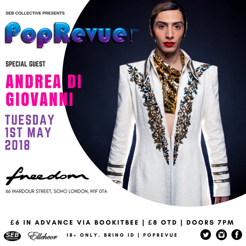 PopRevue's tweet photo. The fabulously talented @adigiovannioff will b performing tomorrow in #poprevue at @freedombarsoho
&amp; as a THX U 2 those who supported him in @LondonLGBTPride Finals he has 10 prepaid TKTs 2give away! inbox him asap if coming RT

#PridesGotTalent finalists https://t.co/swEWxLnOtj https://t.co/srlndBbDH7