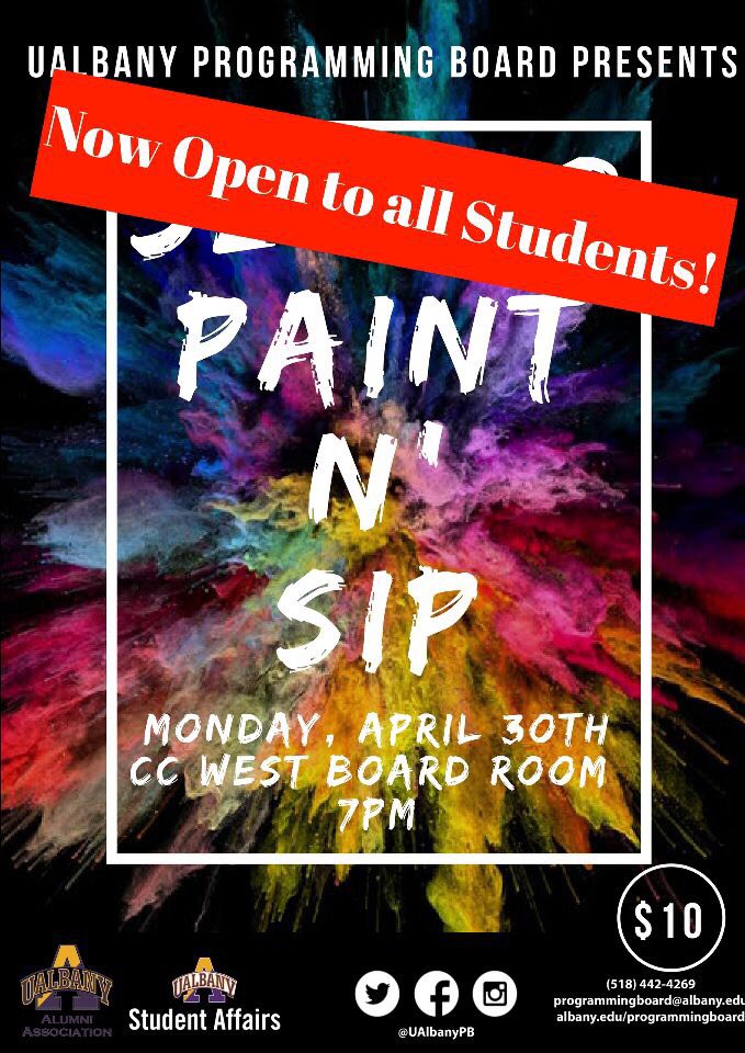 UAlbanyPB's tweet photo. Paint n Sip TONIGHT!
CC West Boardroom
7pm

Tickets can be purchased at 
https://t.co/UmMBmH3vJi

@ualbanycc @ResLifeUAlbany @ualbany @UAlbanyOTP @UAlbanySA @MikeChristakis https://t.co/BbMQaALIva