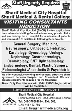 Medical Consultant Jobs in Sharif Medical City Hospital Lahore April 2018 SMCH Visiting Consultants Induction Latest
Jobs in Lahore, Punjab

#MedicalConsultant #SharifMedicalCityHospitalLahore #SharifMedicalCityHospital #SMCH #VisitingConsultantsInduction #Lahore #Punjab