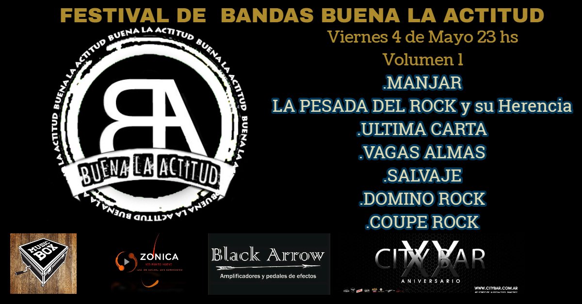 Viernes 23 hs bandas en vivo <a href="/BuenaLaActitud/">www.buenalaactitudradio.com</a> en FONDO DE LA LEGUA 2550 Martínez junto a <a href="/ManjarOficial/">Manjar Oficial</a> <a href="/lapesadadelrock/">LA PESADA DEL ROCK Y SU HERENCIA 🤘</a> Ultima Carta , Vagas Almas, Salvaje, Domino Rock, Coupe rock, con el apoyo de MUSIC BOX, Luke Munro, <a href="/sb_blackarrow/">Lewis Finito</a>