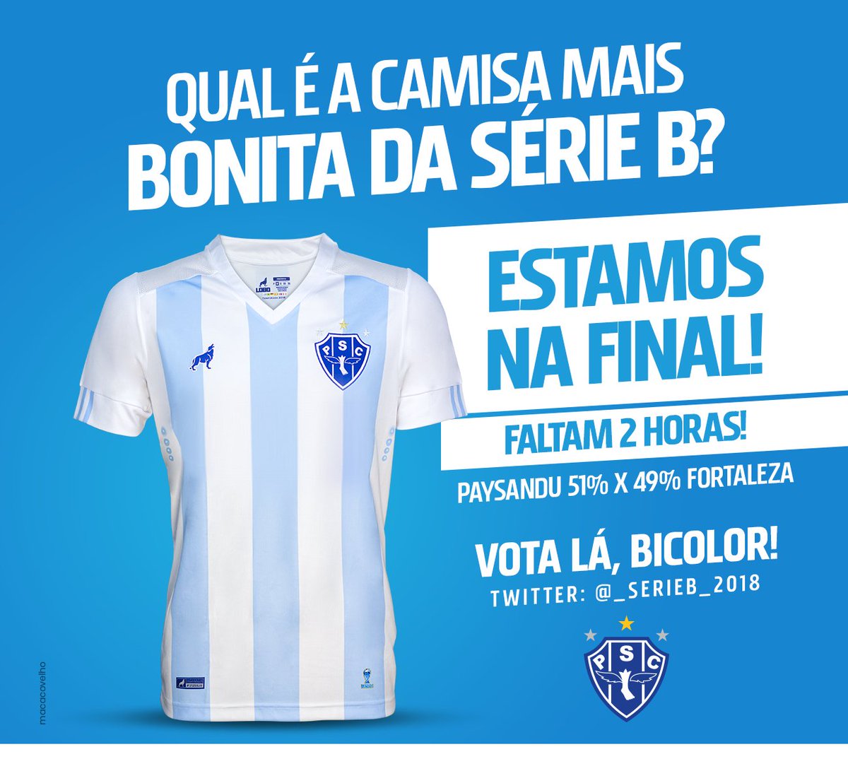 Paysandu's tweet photo. O nosso manto tá na final, Bicolor! Ainda dá tempo de votares na camisa mais bonita da Série B. É só acessar @_SerieB_2018. 👊🏼🐺

#AquiÉPaysandu https://t.co/tQmsJnREbP