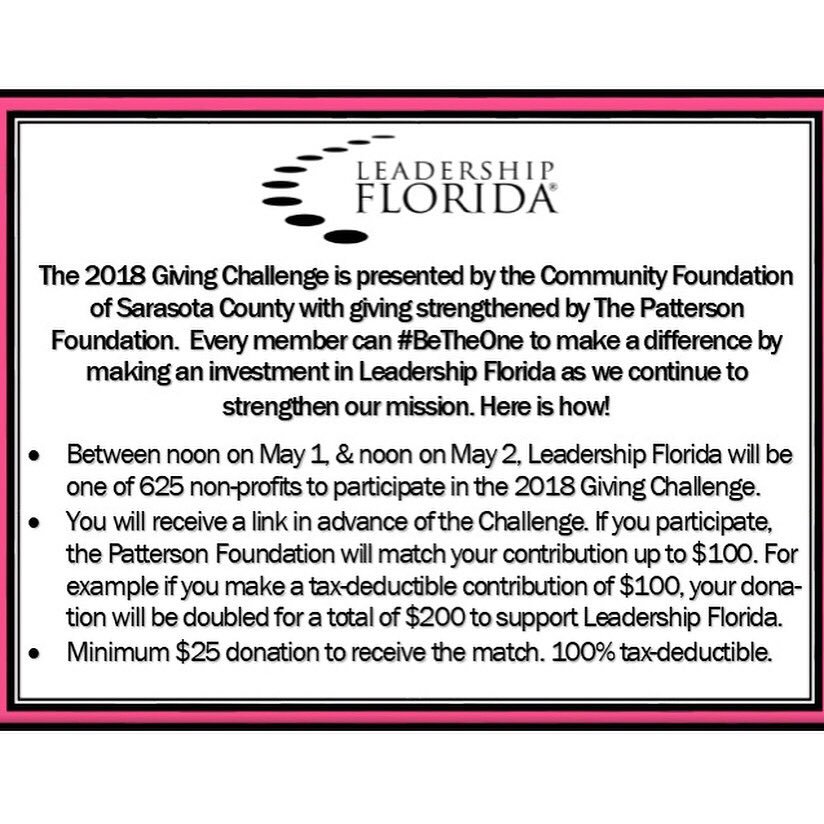 LeadFLConnect's tweet image. The #GivingChallenge18 starts tomorrow, May 1 at noon! We need 200 ppl to give $100 for us to meet our goal! We will be giving a special "but for" surprise to classes and regions with high participation &amp;amp; most donated. Ready. Set. Give! leadershipflorida.org/news/2018-givi…