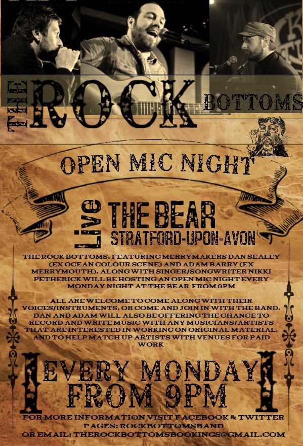 rockbottomsprom's tweet photo. Bring your voice/instruments to our weekly #openmic TONIGHT at @Thebearpub in #stratforduponavon from 9pm.
RT @FindAnOpenMic
#warwickshire #livemusic #gigs #entertainment #oceancolourscene #ocs #merrymaker #merrymouth #themisers https://t.co/UGmbt8URJM