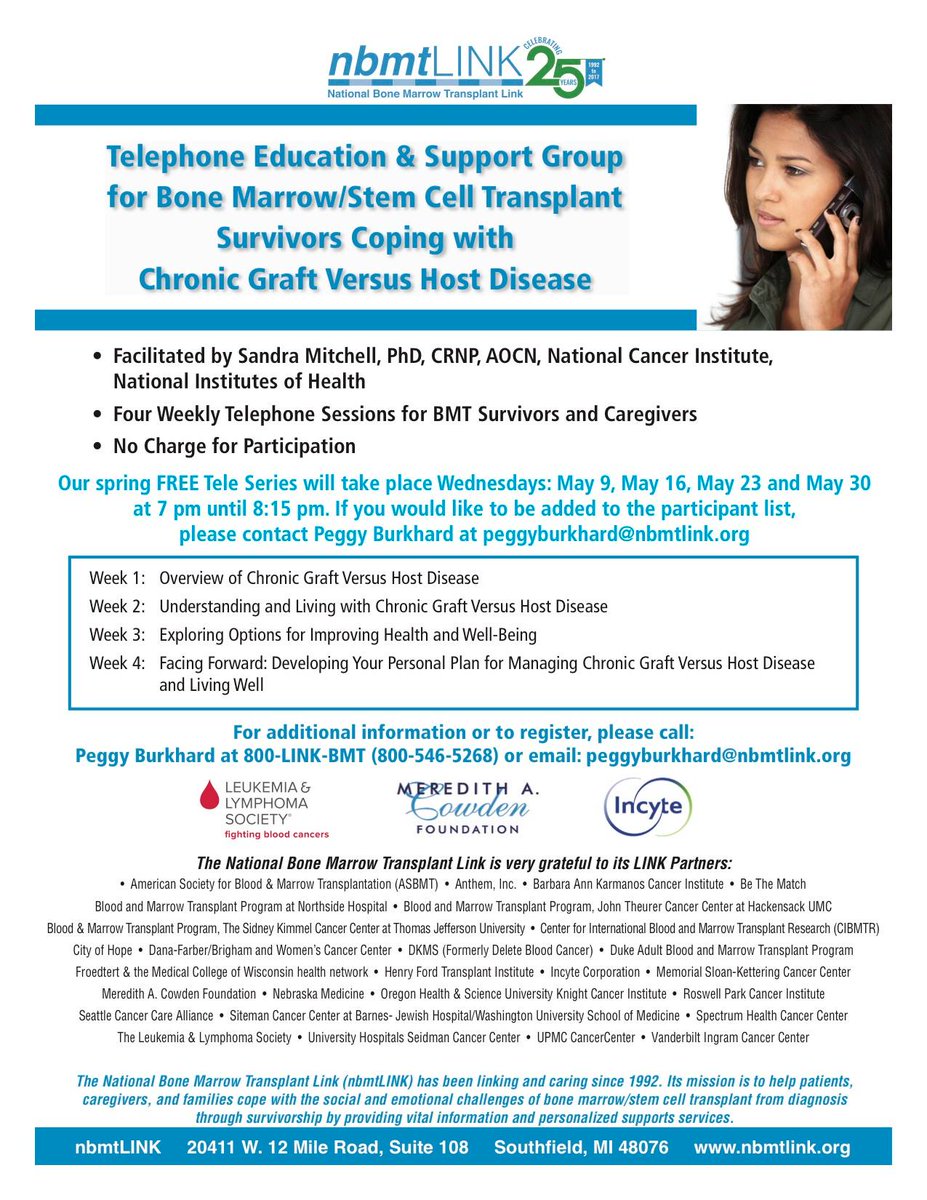 Cowden Foundation (@cowdenfdn) on Twitter photo The National Bone Marrow Transplant Link
is offering a FREE four week May series, telephone education and support group.
Dr. Steve Pavletic is the special guest speaker week 1 and is incredible.
Register today, email peggyburkhard@nbmtlink.org #cowdenfdn #gvhd The National Bone Marrow Transplant Link
is offering a FREE four week May series, telephone education and support group.
Dr. Steve Pavletic is the special guest speaker week 1 and is incredible.
Register today, email peggyburkhard@nbmtlink.org #cowdenfdn #gvhd